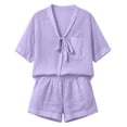 thumbnail image 4 of Cagogo Women Plus Size V Neck 2 Piece Shorts Set Casual Solid Boho Beach Outfits Loose Short Sleeve Crew Neck Tops Comfy Pants Matching Lounge Sets Tracksuits Loungewear Travel Airport Clothes,, 4 of 9