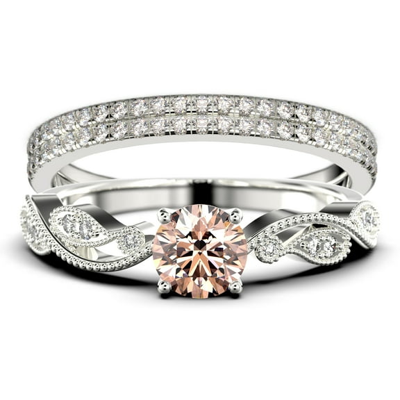 Dazzling Boho & hippie 2.25 Carat Round Cut Morganite And Diamond Moissanite Classic Inspired Engagement Ring, Unique Twist Band Wedding Ring in 10k Solid White Gold, Promise Ring, Two Matching Band