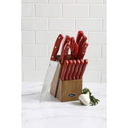 Oster Evansville 14 Piece Stainless Steel Cutlery Set with Red Plastic Handle and Black Rubber Wood Block