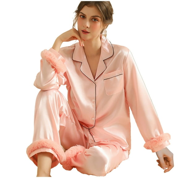 FAIWAD Pajamas for Women Feather Trim Satin Sets Long Sleeve Button Down Shirts with Pants Classic Homewear