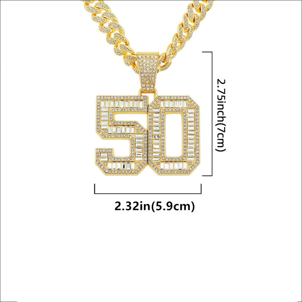 Men Women Hip Hop Number 50 Pendant Necklace With 15mm Crystal Cuban Chain HipHop Iced Out Bling Necklaces Fashion Charm Jewelry