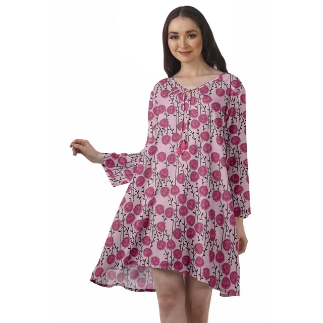 Moomaya Robe Évasée en Rayonne pour Femmes Manches Longues Imprimée Col en V Décontractée Robe de Plage pour Filles