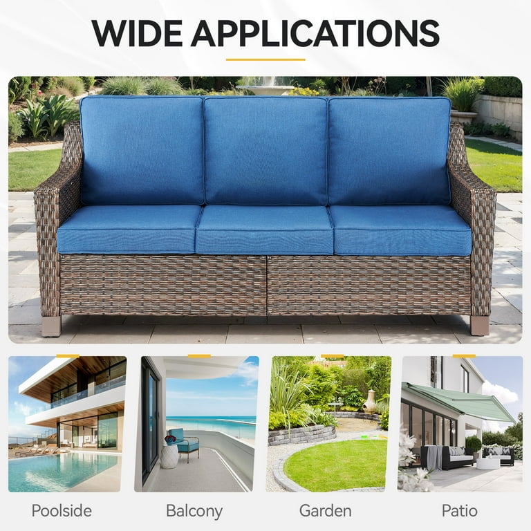 Patio Couch Outdoor Wicker Sofa – 3-Seater Brown Rattan With Thick Cushions For Garden Or Poolside (Red)