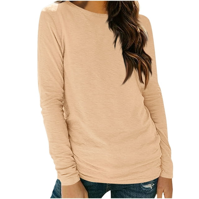 Plebaso Chandails à Manches Longues pour Femmes Col Rond T-Shirts Basiques Hauts Décontractés Couleur Unie T-Shirts Doux pour Femmes