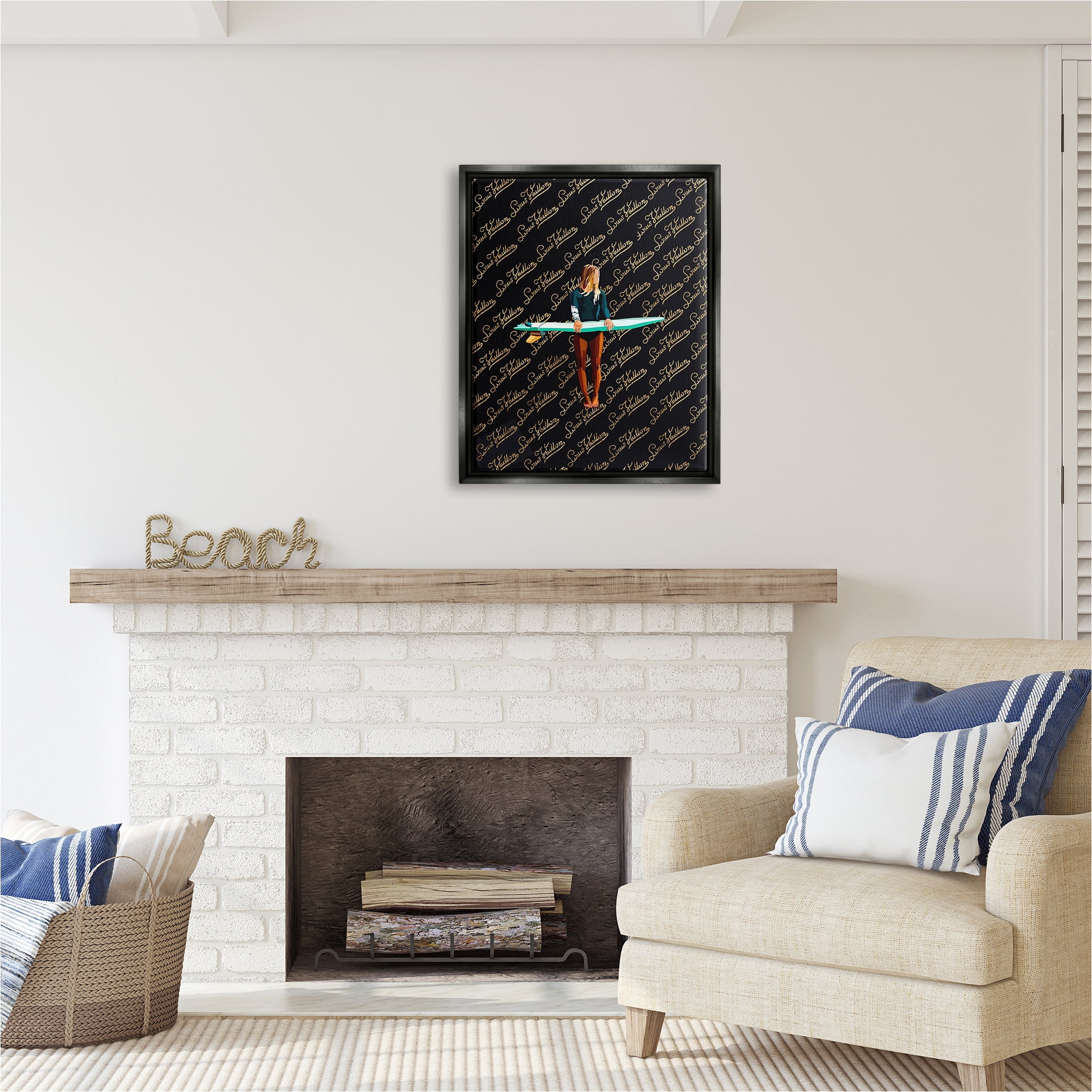 Stupell Industries Glam Girl with Surfboard Sports Painting Black Floater Framed Canvas Art Print Wall Art, 25 x 31