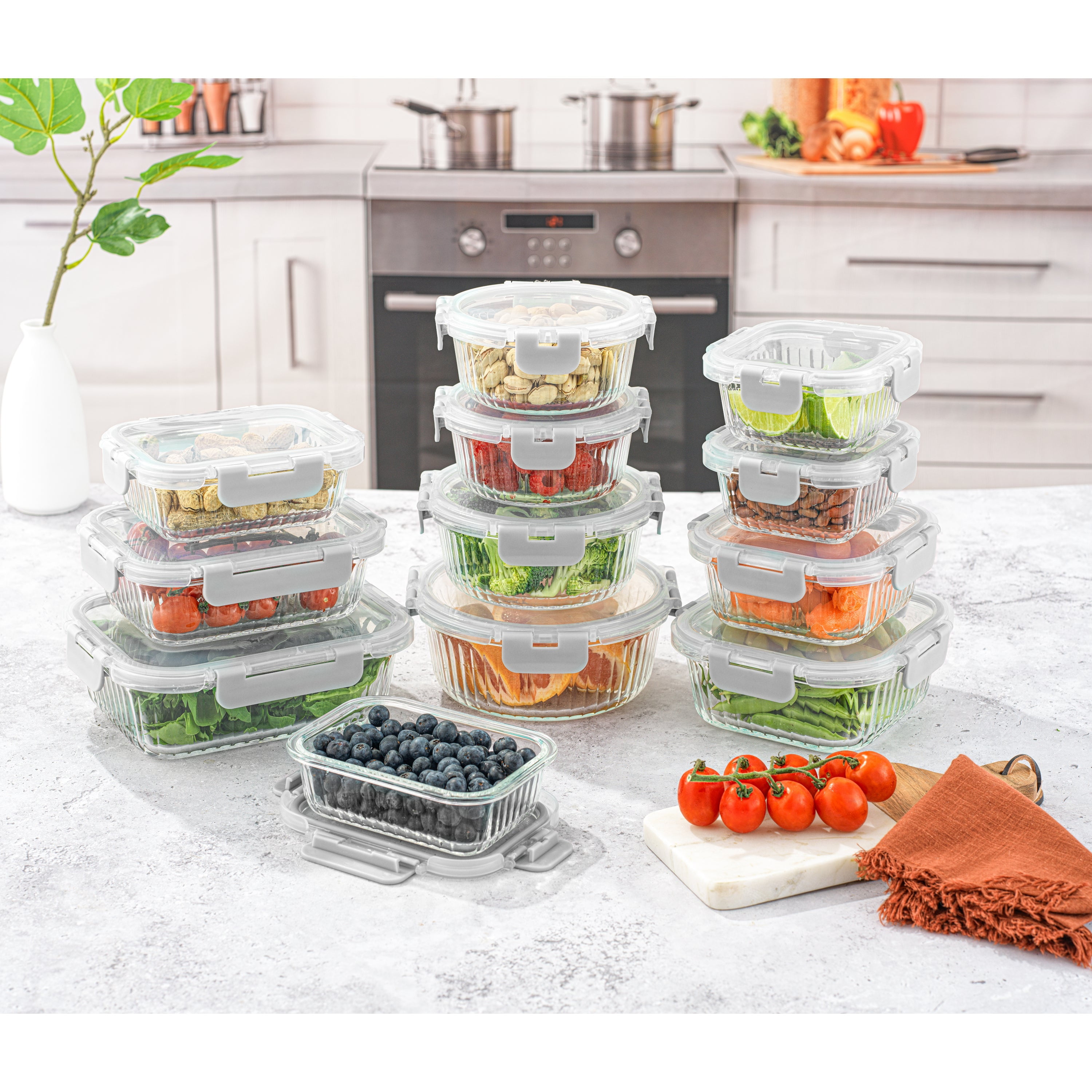 JoyJolt 24-Piece Fluted Food Storage Container Set with Lids - Gray