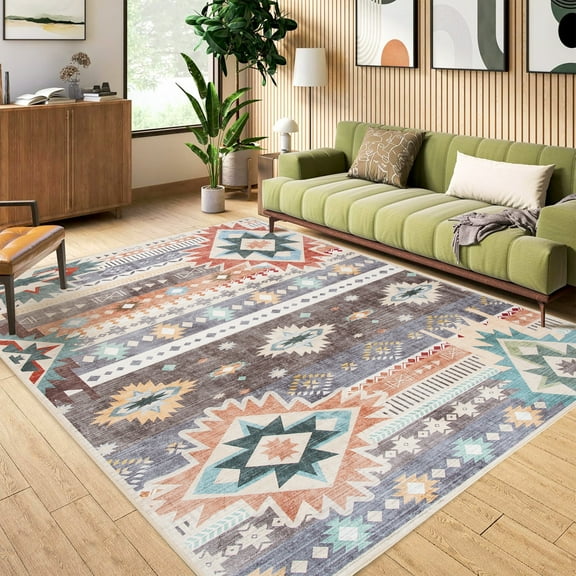 Wondo Boho Moroccan Brown Rug 6x9 Ft - Geometric Non-Slip Carpet, Throw Rugs Machine Washable Indoor Floor Mat for Bedroom, Living Room, Nursery