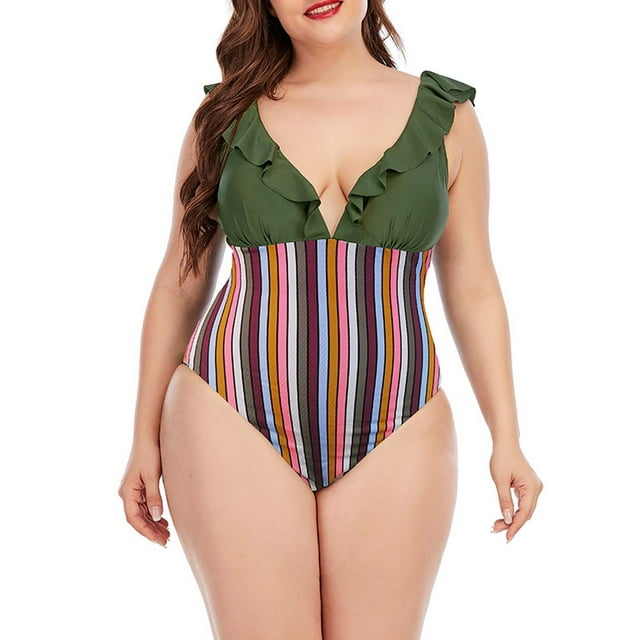 PMUYBHF Female Swimsuit for Women 2024 Plus Size 20 2024 Summer Plus Size Swimsuit Plus Print Color Matching Ruffle Swimsuit AG XXXXL