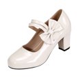 thumbnail image 3 of IEMIEMIEM Women's Bow Heels Sparkly Mary Jane Block Chunky Heel Comfortable Pumps Slip On Round Toe Low Heels Wedding Evening Party Dress Shoes White 6.5 Wide, 3 of 7