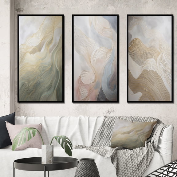 Designart "Dynamic Line Art Gold and Grey III" Minimalism Line Art Framed Wall Art Set Of 3 - Gold Line Art Frame Canvas Set For Living Room Decor