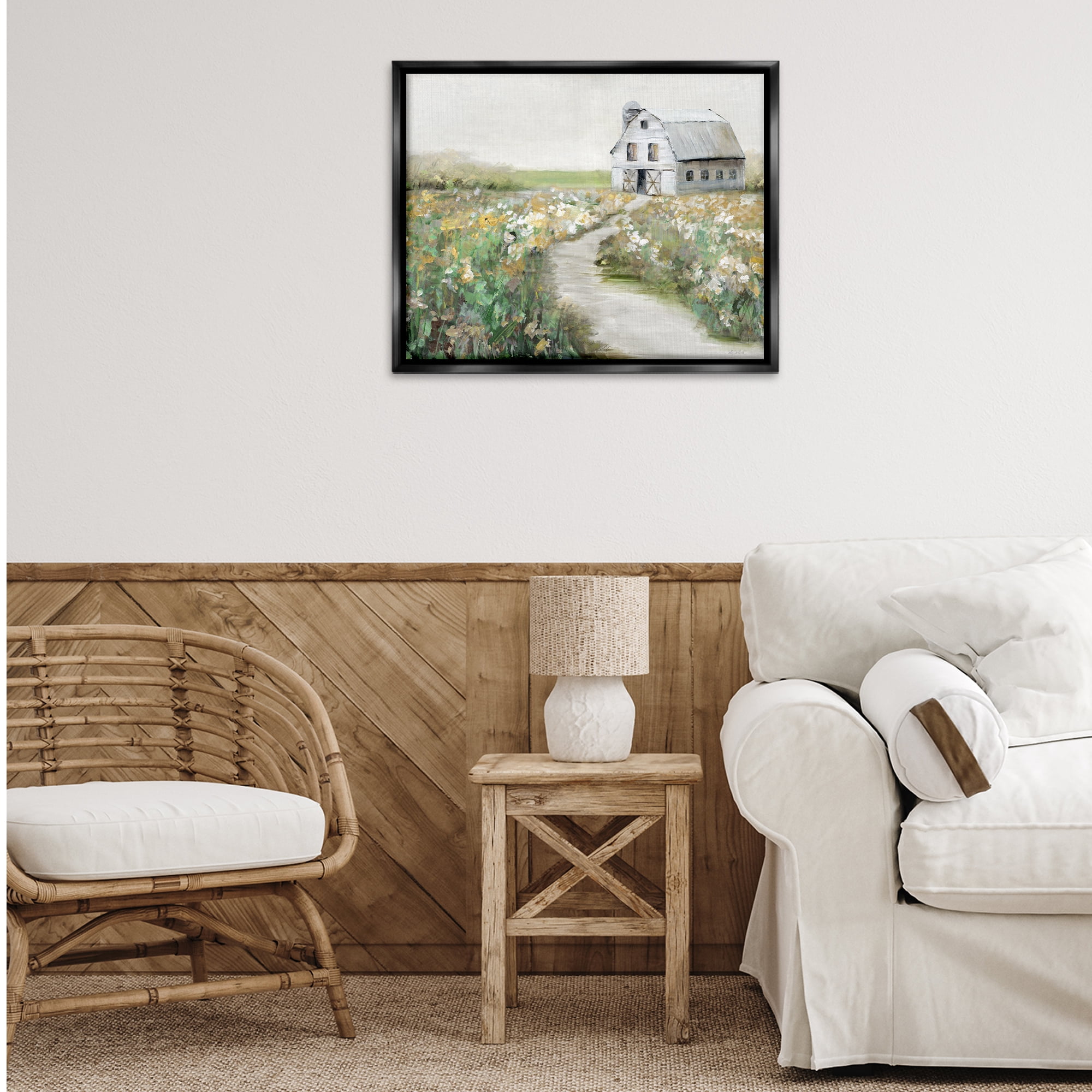 Stupell Industries Farmyard Path to Barn Landscape & Nature Painting Black Floater Framed Canvas Art Print Wall Art, 31 x 25