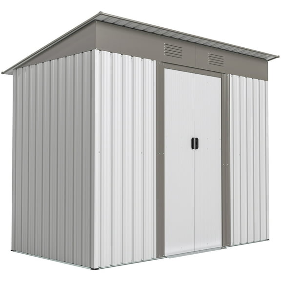 7' x 4' Metal Lean to Garden Shed, Outdoor Storage Shed, Garden Tool House with Double Sliding Doors,