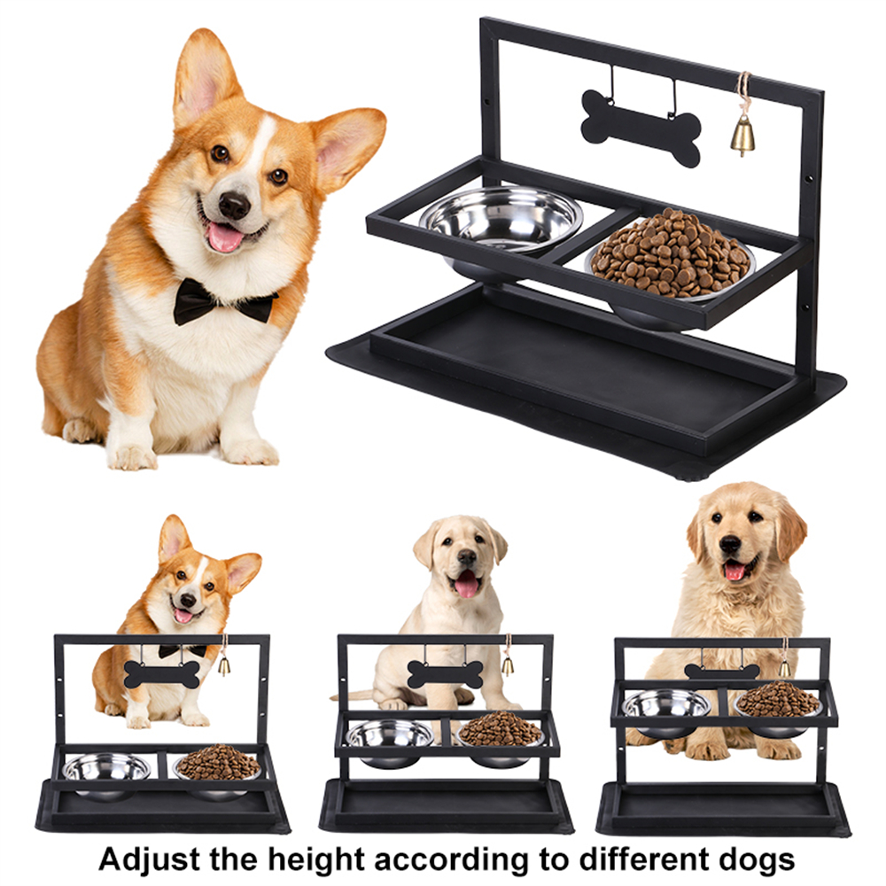Double Bowl Stainless Steel Pet Bowl Stand For Cats And Dogs Metal Feeder With Mat And Bell Food And Water Bowls For Pets
