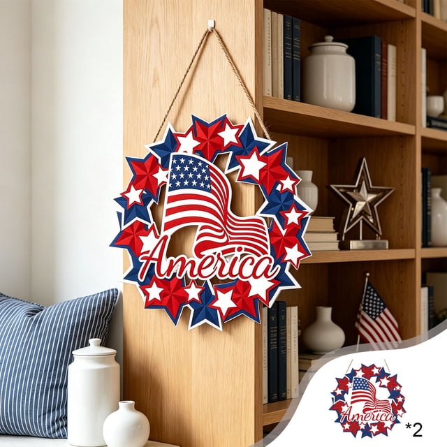 Letrero redondo de madera con diseño patriótico de estrellas y rayas – Adorno colgante para el Día de la Independencia, ideal para la puerta principal, la pared o una mesa.