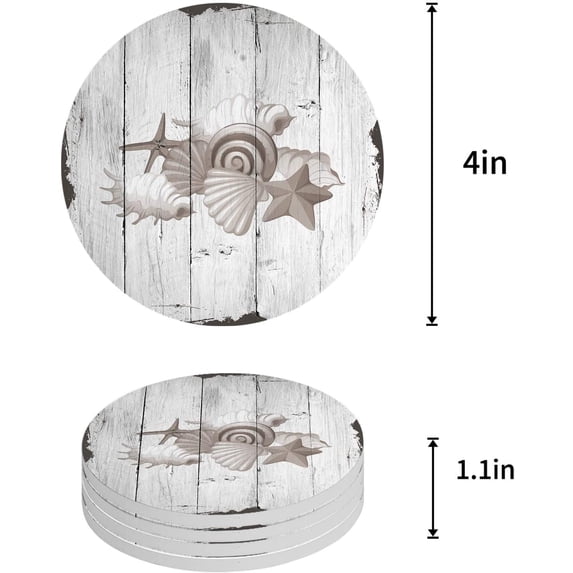 FMSHPON Starfish Shell Conch Coral Retro Wood Grain Set of 8 Round Coaster for Drinks, Absorbent Ceramic Stone Coasters Cup Mat with Cork Base for Home Kitchen Room Coffee Table Bar Decor