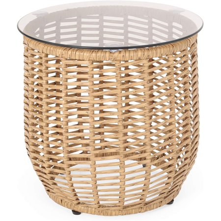 **noble house boynton wicker side table with tempered glass top in light brown