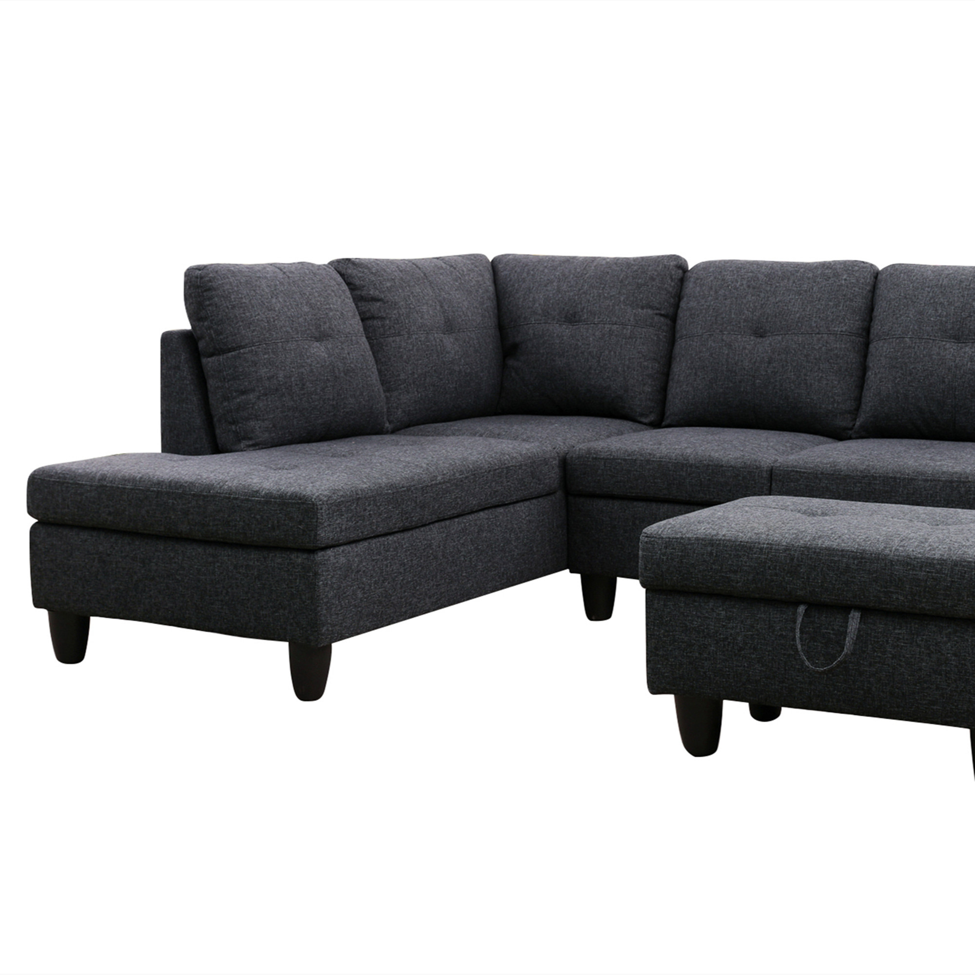 Aukfa 3 Piece L-shape Sectional Sofa with Storage Ottoman, Right Chaise, 2 Pillows, Linen, Dark Gray