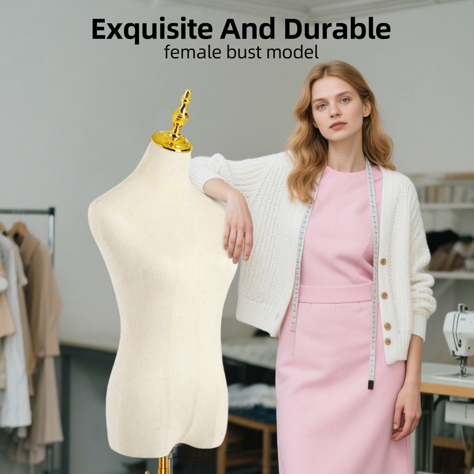 Female Mannequin, 2-Hole Position Mannequin Torso with Stand, Height Adjustable Torso for Clothing Dress Jewelry Display, Sewing, Beige