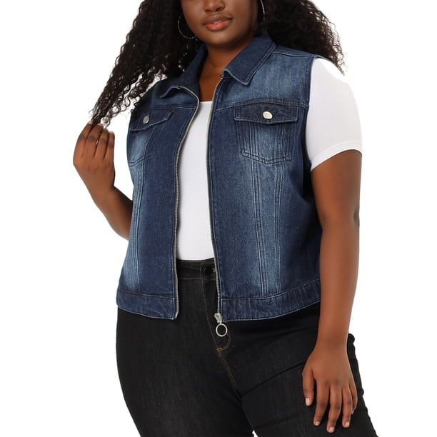 Women's Plus Size Trucker Vest Zipper Front Sleeveless Denim Vests Blue 2X