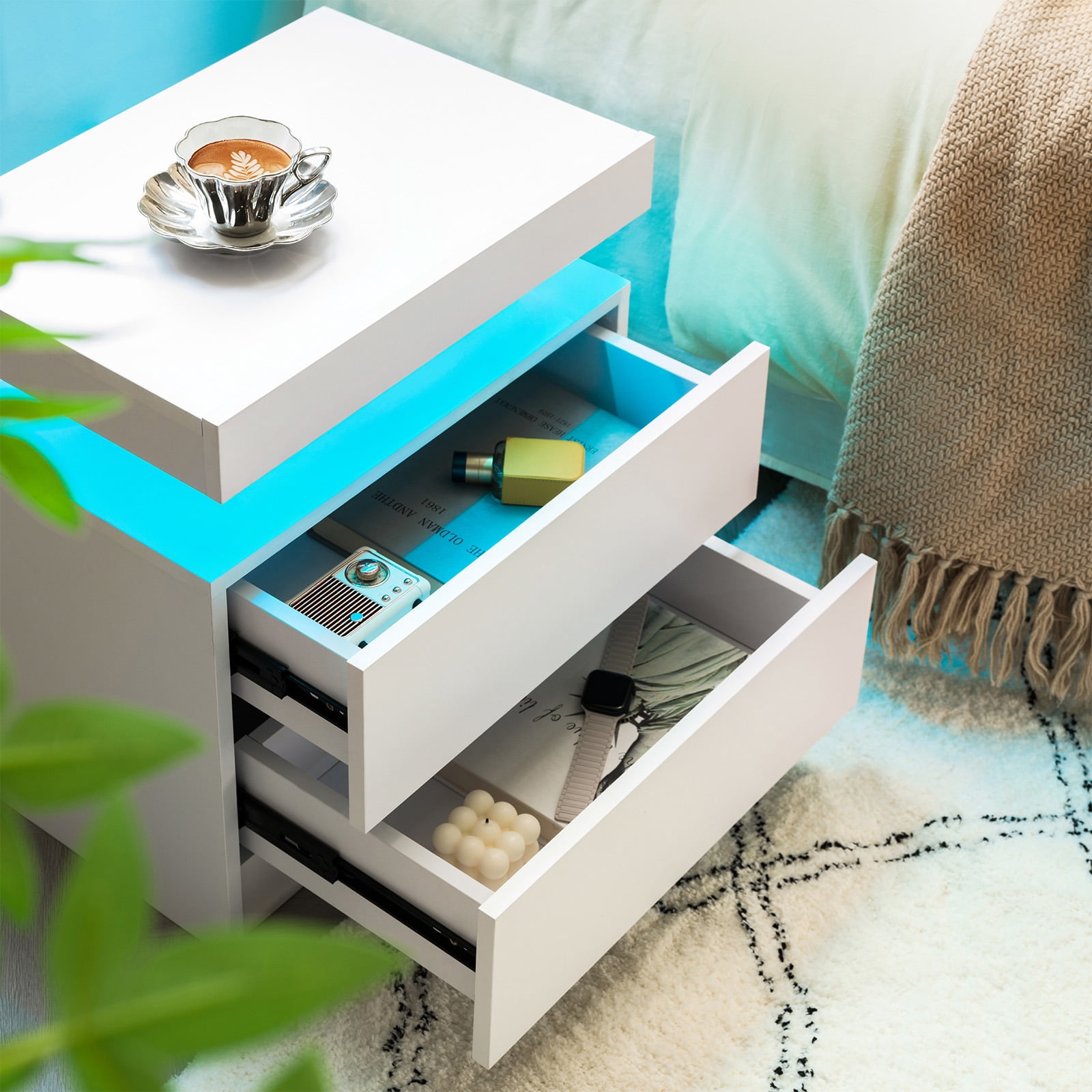 Hommoo Nightstand LED Bedside Table Cabinet with 2 Drawers Lights, Modern End Side for Bedroom, White