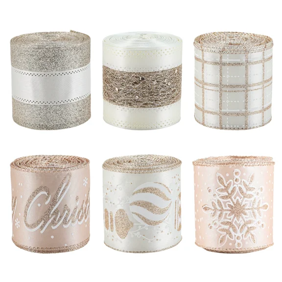 6 Rolls Christmas Ribbon Set, 2.5"x2yds Champagne Metallic Wired Edge for Gift Wrapping, Bows, Tree, Wedding Decor with Snowflake Plaid Patterns