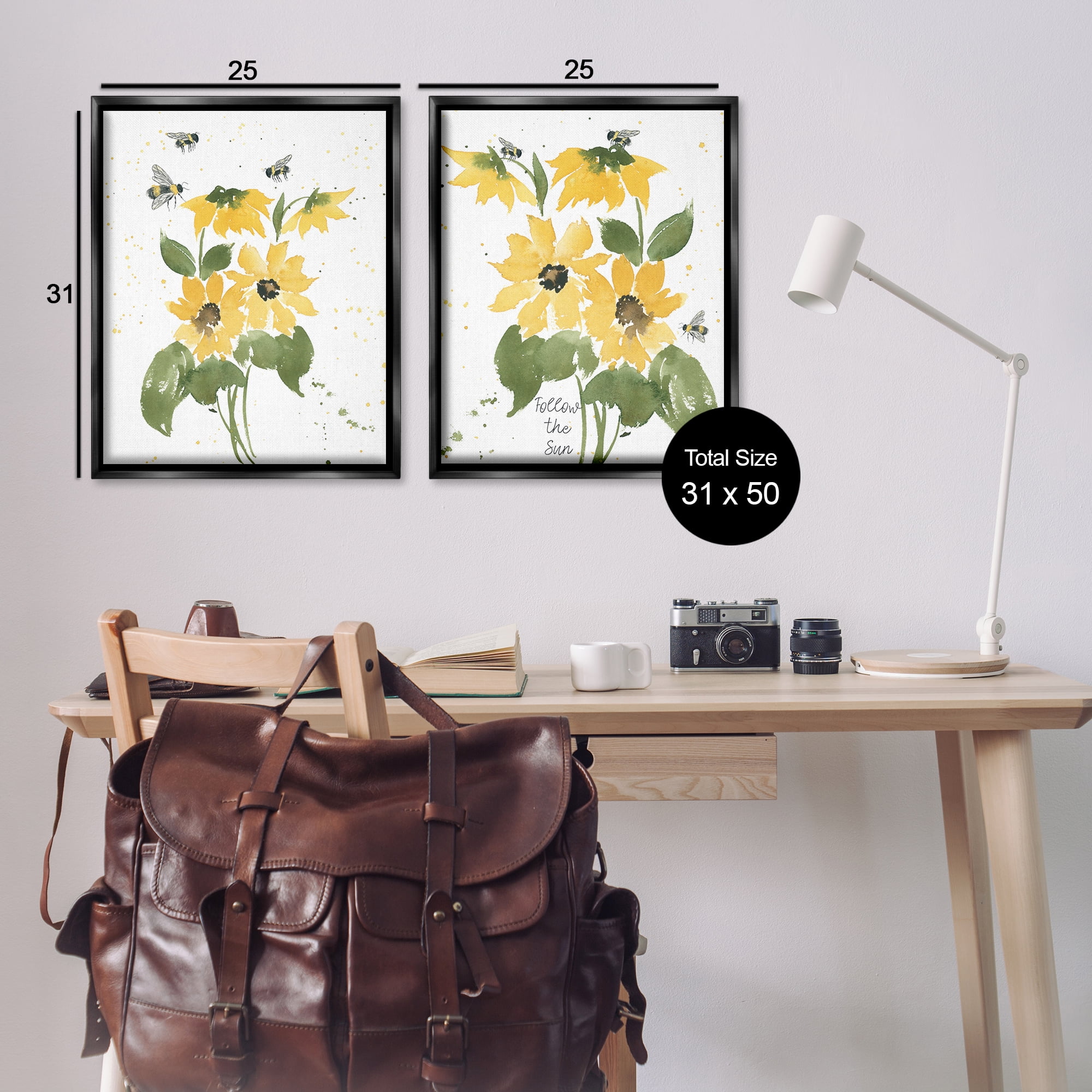 Stupell Industries Follow the Sun Flowers Plants & Flowers Painting Black Floater Framed Canvas Art Print Wall Art, 31 x 25, Set of 2