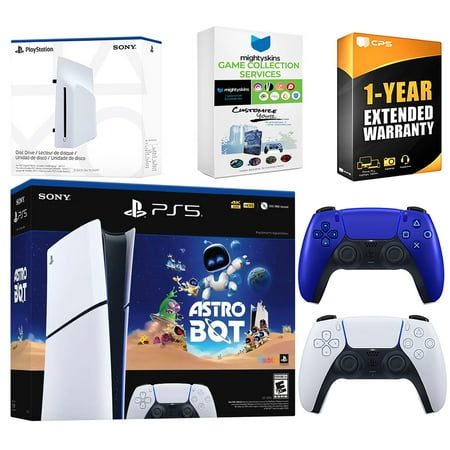 Sony PlayStation 5 Astro Bot Slim Digital Bundle with Disc Drive, Extra Controller, MightySkins Game Collection Services and 1 Year Extended Warranty - Cobalt Blue