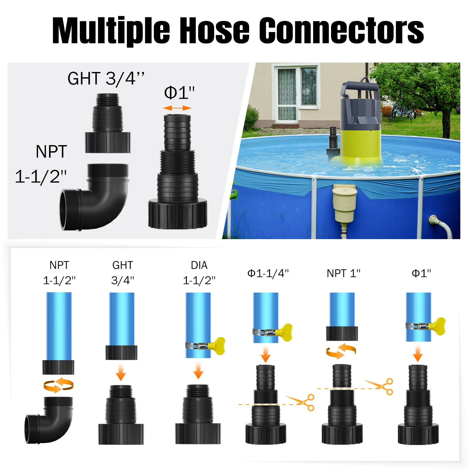 Sump Pump Submersible Water Pump 1.5HP 5500GPH Portable Water Transfer Draining Pump Utility Pumps for Pool Basement Hot Tub Garden with Adapters