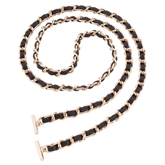 Leather Purse Chain Strap 48 Inch PU Leather Woven Crossbody Replacement Strap with Toggle Clasp Iron Flat Chain Strap Handbag Chain Accessories for Clutch Evening bag Satchel Black 1