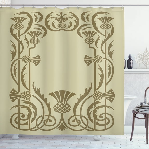 Art Nouveau Shower Curtain, Botanical Framework with Pineapples Exotic Nature Inspired Antique Look, Fabric Bathroom Set with Hooks, 69W X 84L Inches Extra Long, Sage Green Sepia, by Ambesonne