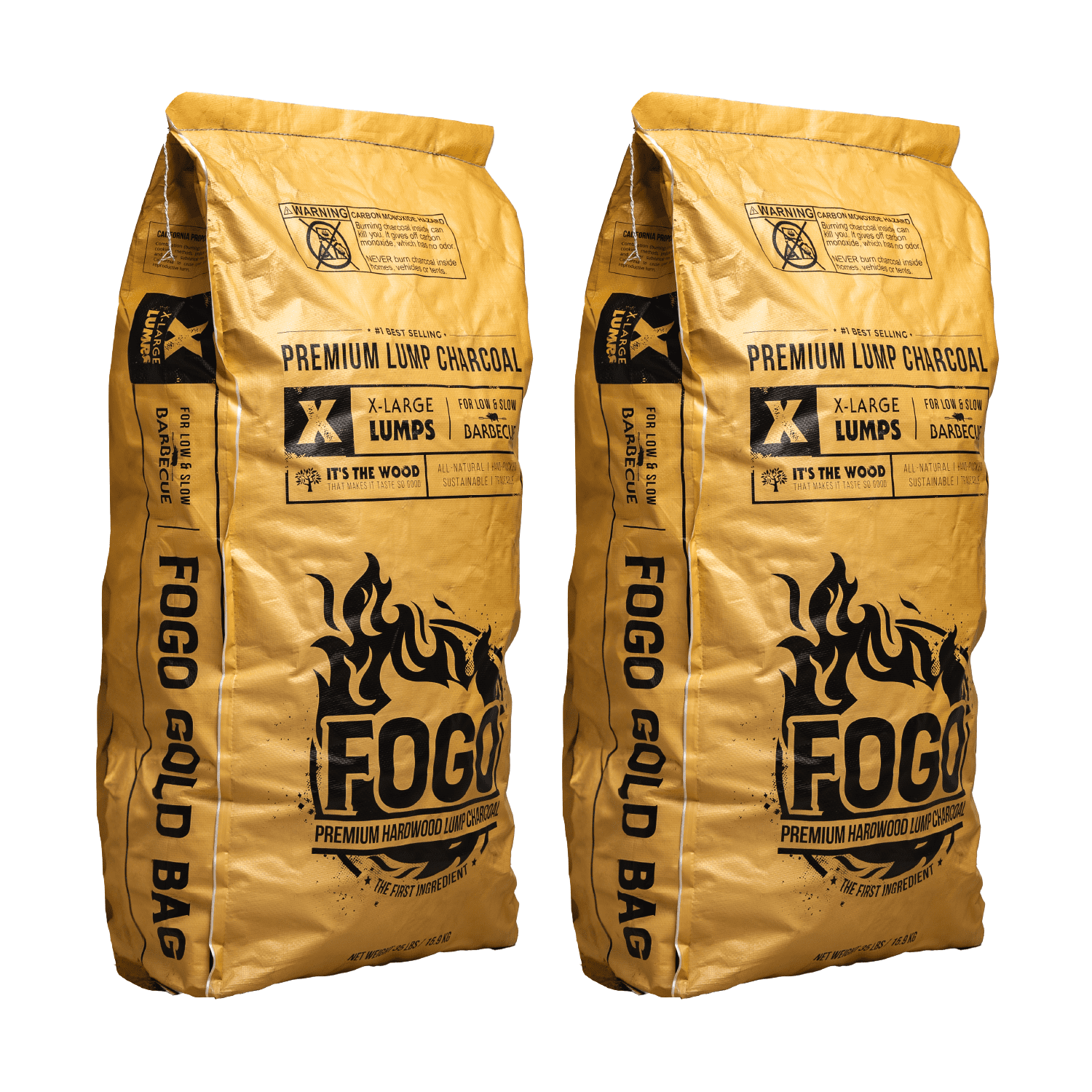 FOGO Premium Hardwood Lump Charcoal, Natural, Large Sized Lump Charcoal for Grilling and Smoking, Restaurant Quality, 35 Pound Bag, 2-pack