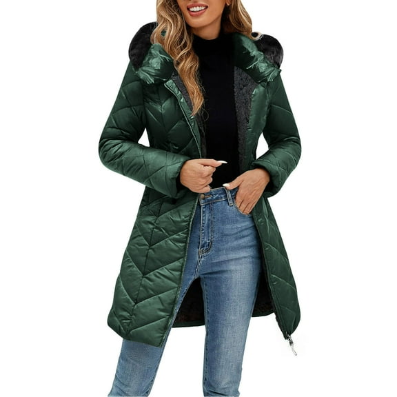 LEBONYARD Women's Trendy Zipper Hooded Thicken Liner Long Sleeve Solid Colored Puffer Jacket Casual Loose Fit Ladies Winter Outerwear Jacket Coat