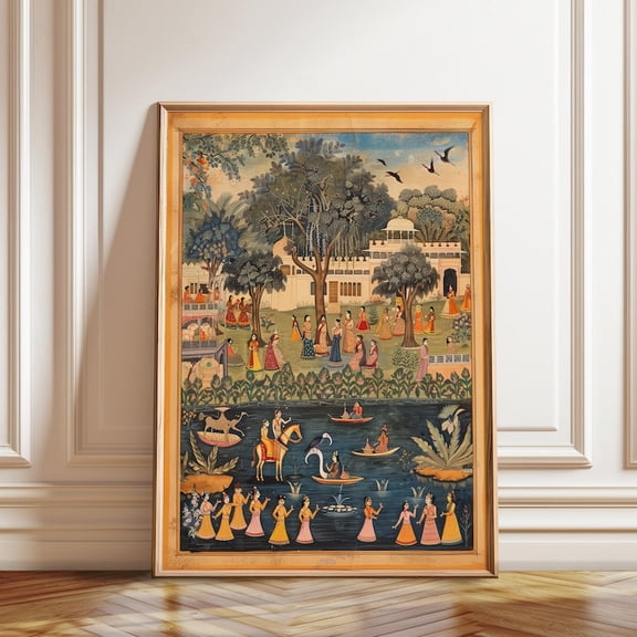 Indian Pichwai Village Scene Wall Art Print, Unframed Paper Poster 8x10in