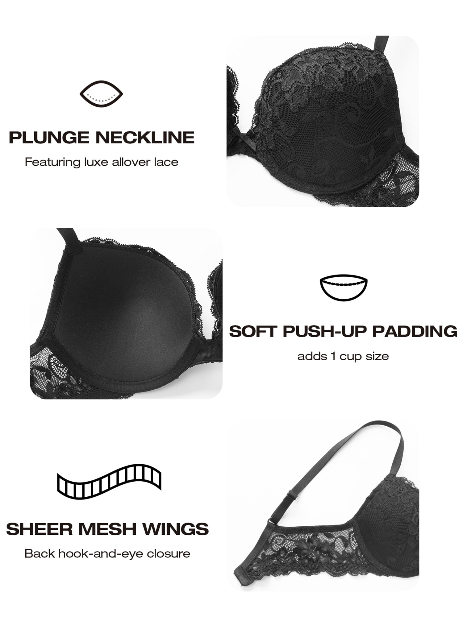 Deyllo Women's Lace Push Up Padded Plunge Add Cups Underwire Lift Up Bra,Black 38C