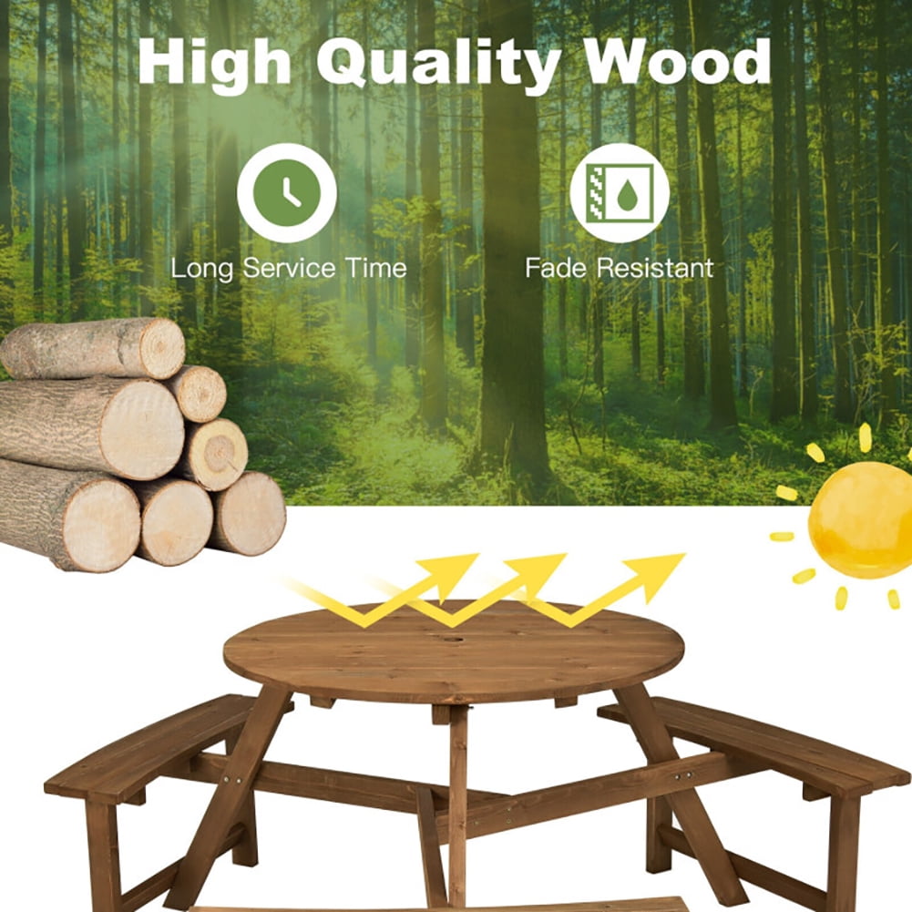 Aimee Lii 6-person Round Wooden Picnic Table with Umbrella Hole and 3 Built-in Benches, Patio Furniture Set, Dark Brown Aimee Lii 6-person Round Wooden Picnic Table with Umbrella Hole and 3 Built-in Benches, Patio Furniture Set, Dark Brown