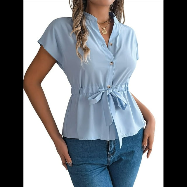 Blusas de Mujer con Botones, Blusas Casuales de Verano, Camisas Elegantes de para el Trabajo, Azul L