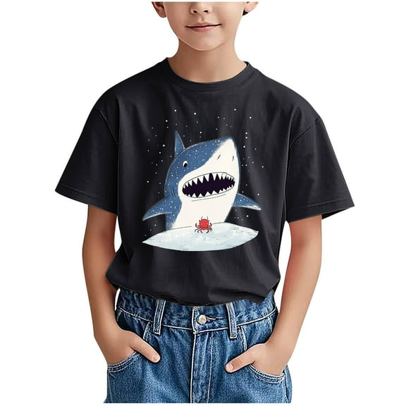FamilyThread Boys Short Sleeve T Shirts Kids Summer Crewneck Tops Shark Pattern Loose Fit Tees For 3-15Y