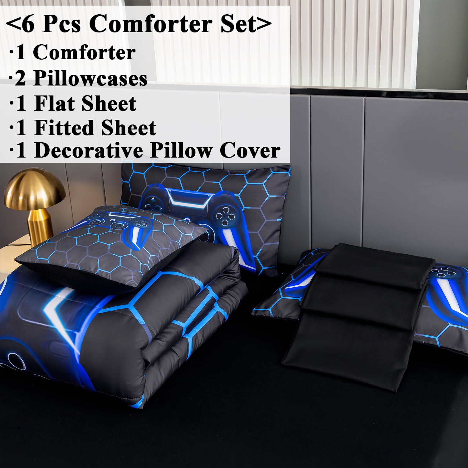 RYNGHIPY Blue Game Controller Bed in a Bag Comforter Set Queen Size for Boys Kids Teens Girls 6Pcs Video Game Buttons Bedding Set for Gamer Room Decor (Blue, Queen)
