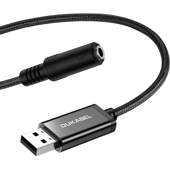 DUKABEL USB to 3.5mm Jack Headset Audio Adapter, TRRS Mic-Supported Headphone Adapter External Sound Card with Built-in Chip for PC PS4 PS5, 9.8 inch, Black