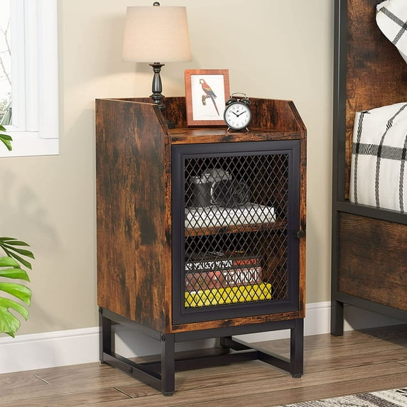 Tribesigns Industrail Nightstand with Mesh Door, Rustic Bedside Table with Storage Cabinet, Tall Side Table for Living Room, Bedroom