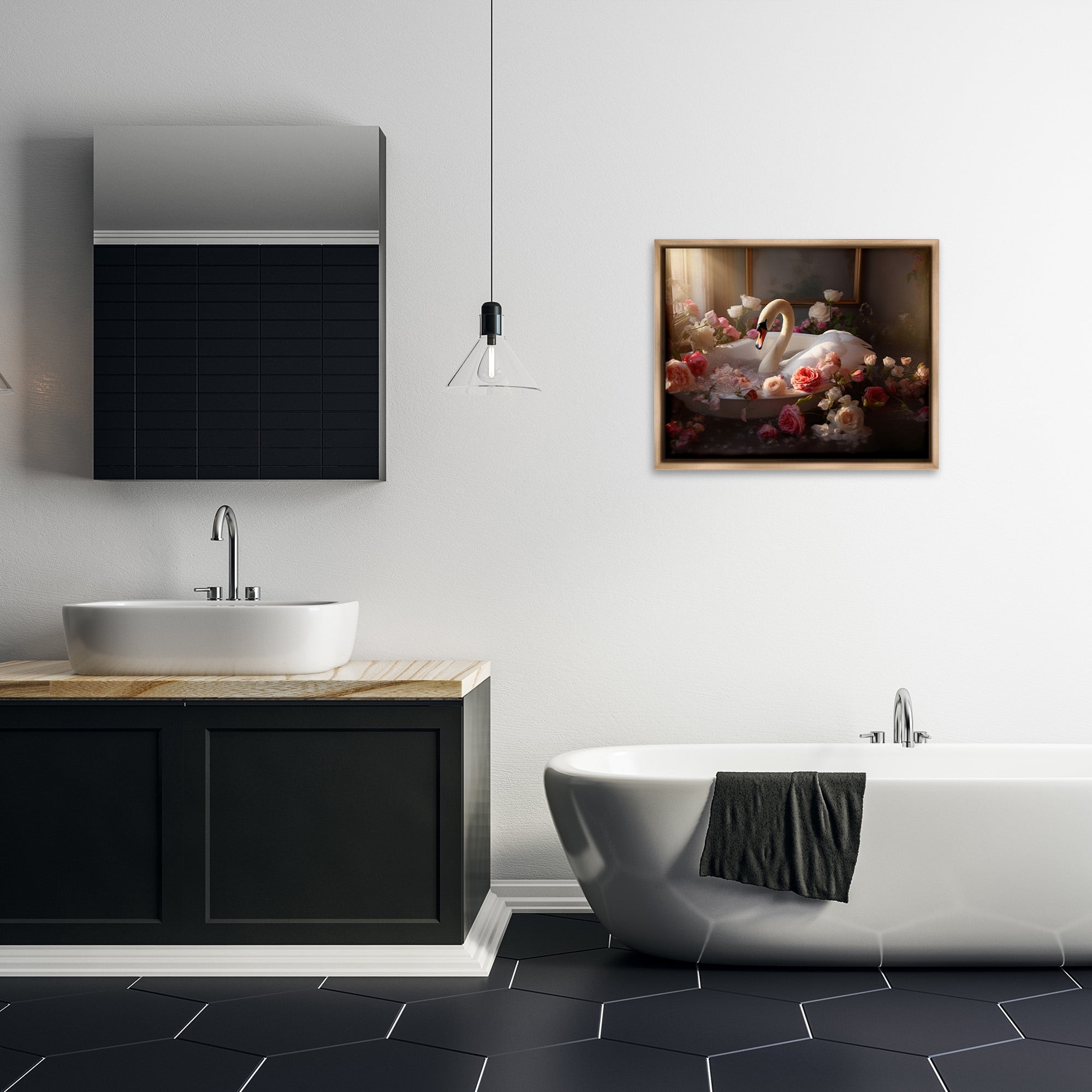 Stupell Industries Swan & Bathroom Roses Animals & Insects Painting Brown Floater Framed Canvas Art Print Wall Art, 31 x 25