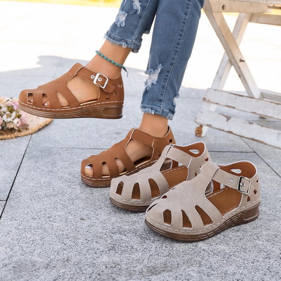 Tbopshirt Womens Summer Sandals Closed Toe Wedge Heel with Single Strap Solid Color Comfortable Wedge Sandals Casual Wear