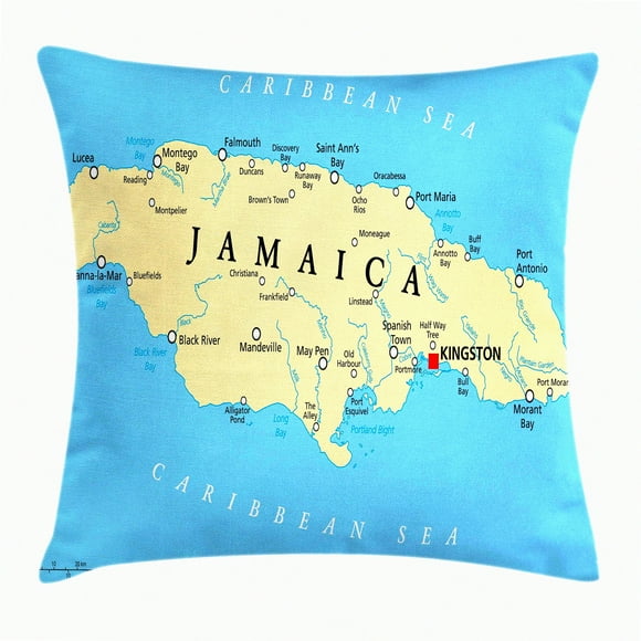 Caribbean Map Decorative Pillow Cover - Jamaica Landmarks Cushion Case - 16" Square Accent - Pale Blue Beige Black - Island Home Decor - Jamaican Sea