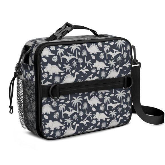 Dinosaur and Palm Navy Blue Pattern Bento School Insulated Lunch Bag Box with Shoulder Strap and Bottle Holder, 11" X 9.5" X 3.5"