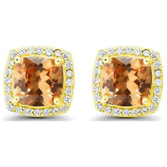 Bonjour Jewelers 18k Yellow Gold Plated 1/4 Ct Created Halo Princess Cut Citrine Stud Earrings 4mm