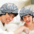 thumbnail image 6 of Shower Caps,Blue and Gray Floral Pattern Waterproof Shower Cap for Women 4 Pieces,Double Reusable Hair Cover for Shower PEVA Elastic Stretch Hem, 6 of 7