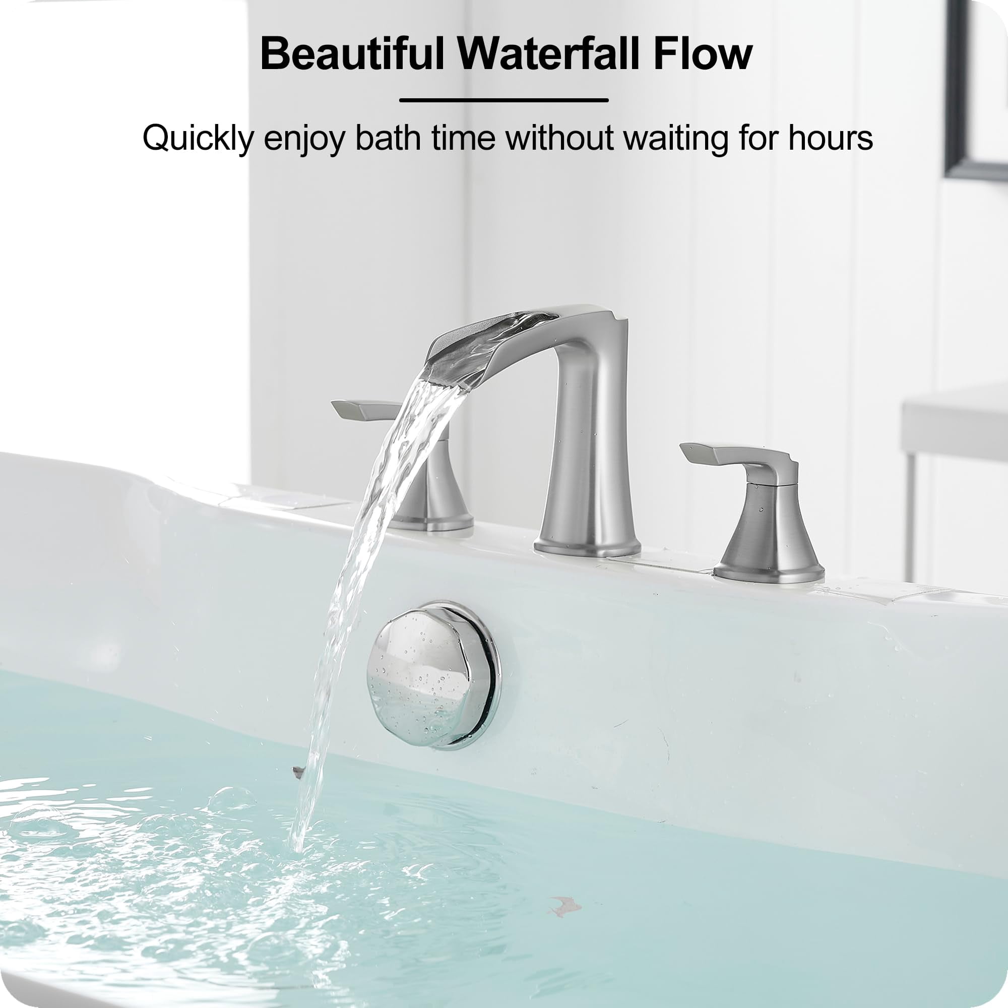3 Hole Roman Tub Faucet Waterfall Brushed Nickel Bathtub Set, Deck Mount for 2 Handle Bath Faucets
