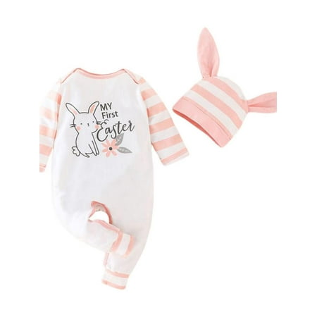 

Bullpiano 3-24M Cute Bodysuit Striped Jumpsuit Newborn Romper+Rabbit Ears Hat Long Sleeve One-Piece Infant Easter Outfits