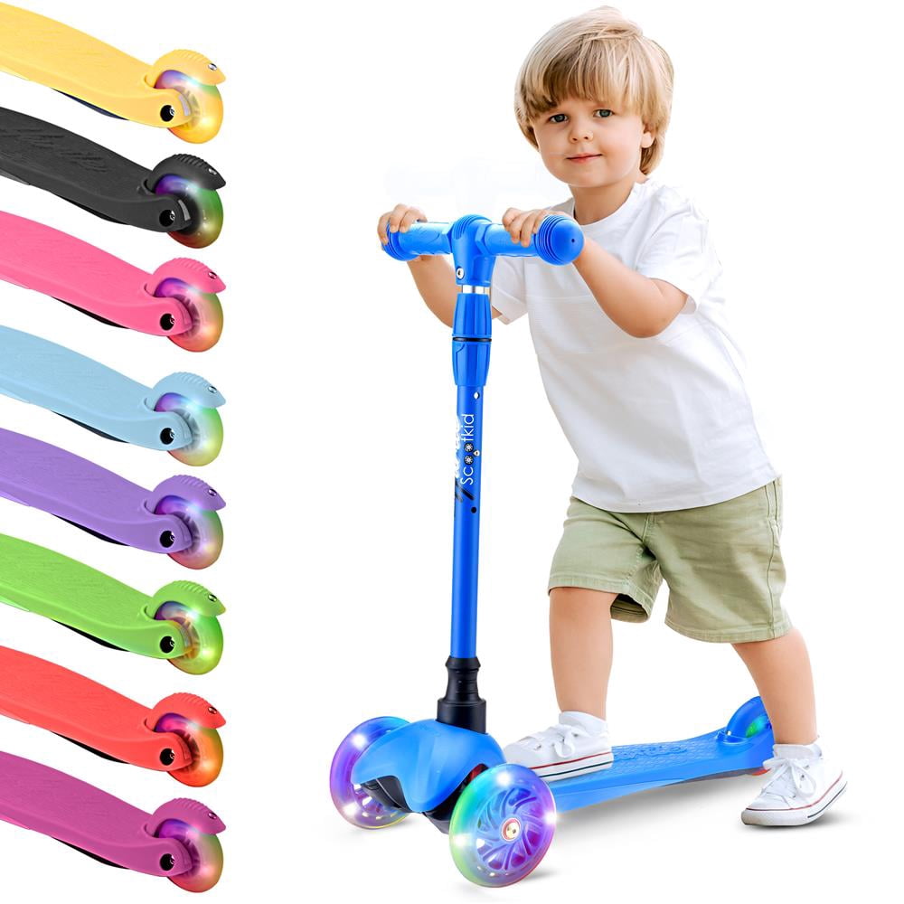 Hurtle – Trottinette Enfant 3 Roues Pliable, Roues LED Blanches, Guidon Réglable 68,5-80,5 Cm, Plateau Antidérapant – Dès 3 Ans
