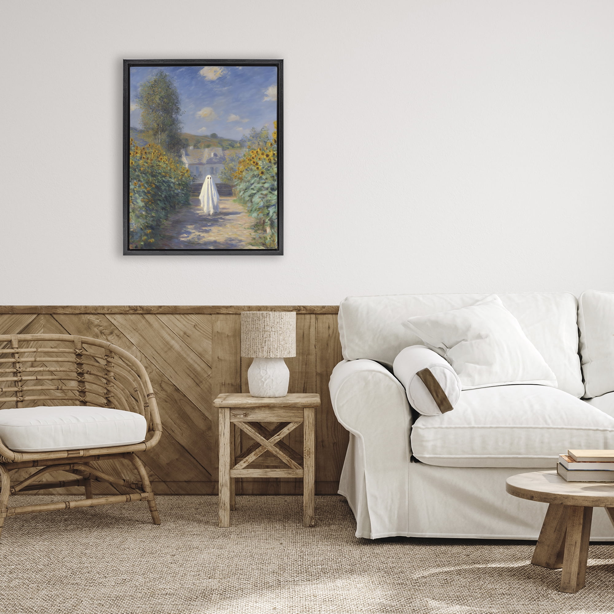Monet Style Sunflower Ghost Black Framed Floater Canvas Wall Art, design by Arlington Prints